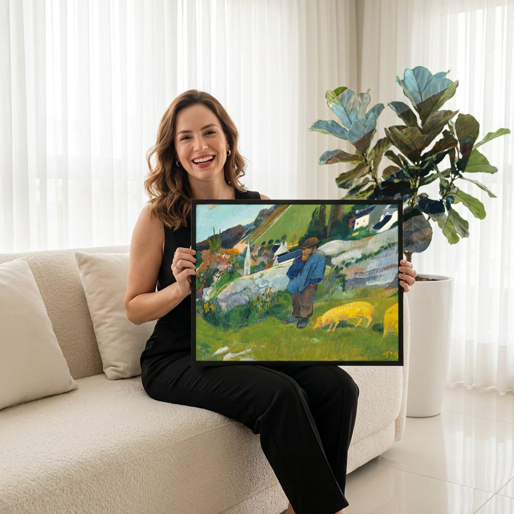 Quadro Decorativo A Paisagem Verde - Paul Gauguin com modelo em ambiente