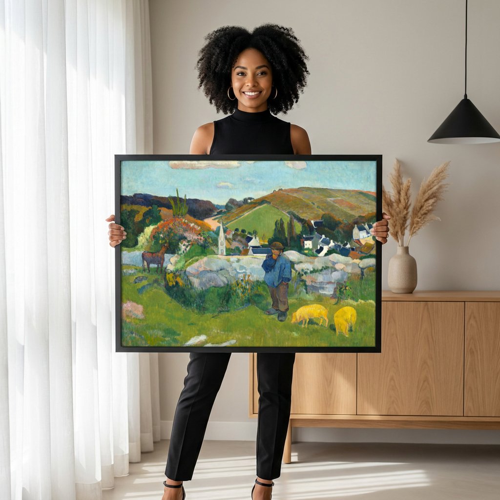 Quadro Decorativo A Paisagem Verde - Paul Gauguin com modelo em ambiente