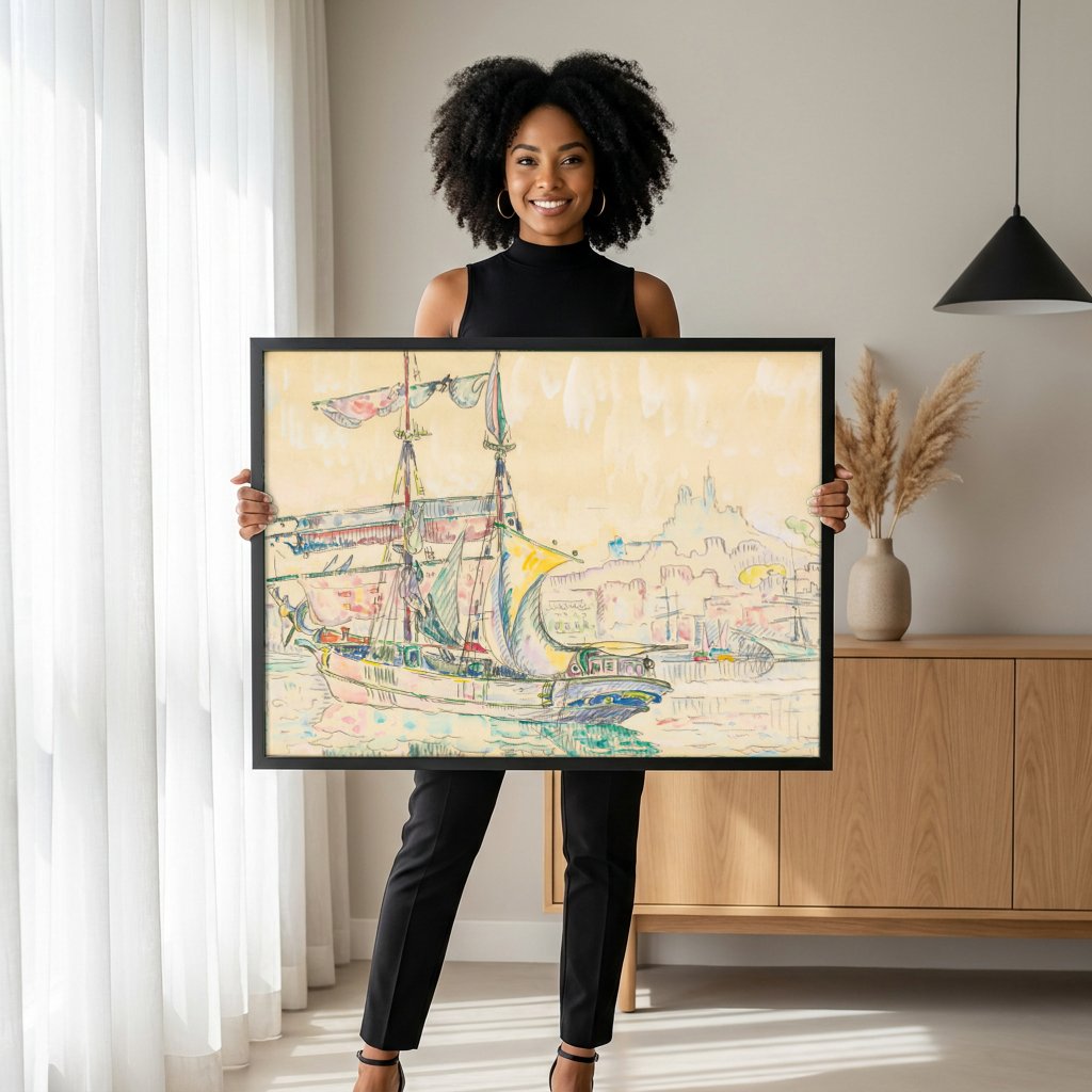 Quadro Decorativo Porto com Barcos - Paul Signac com modelo em ambiente