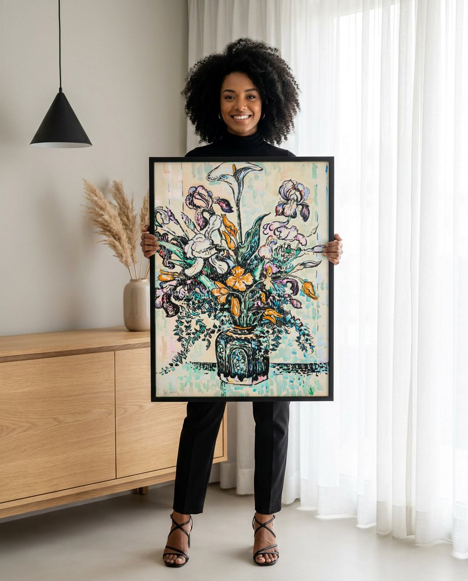 Quadro Decorativo 'Florais Vibrantes' - Paul Signac com modelo em ambiente