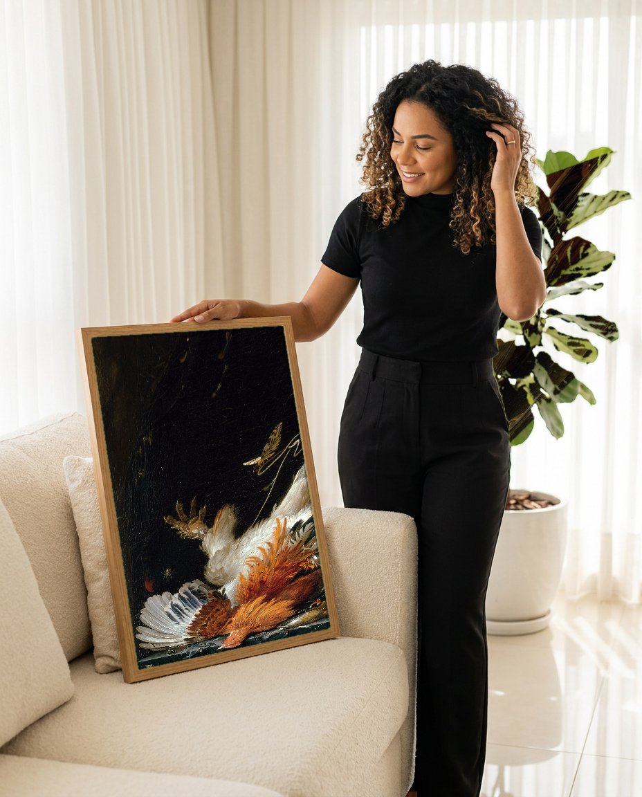 Quadro Decorativo Natureza-morta com Aves de Caça - Abraham Mignon com modelo em ambiente