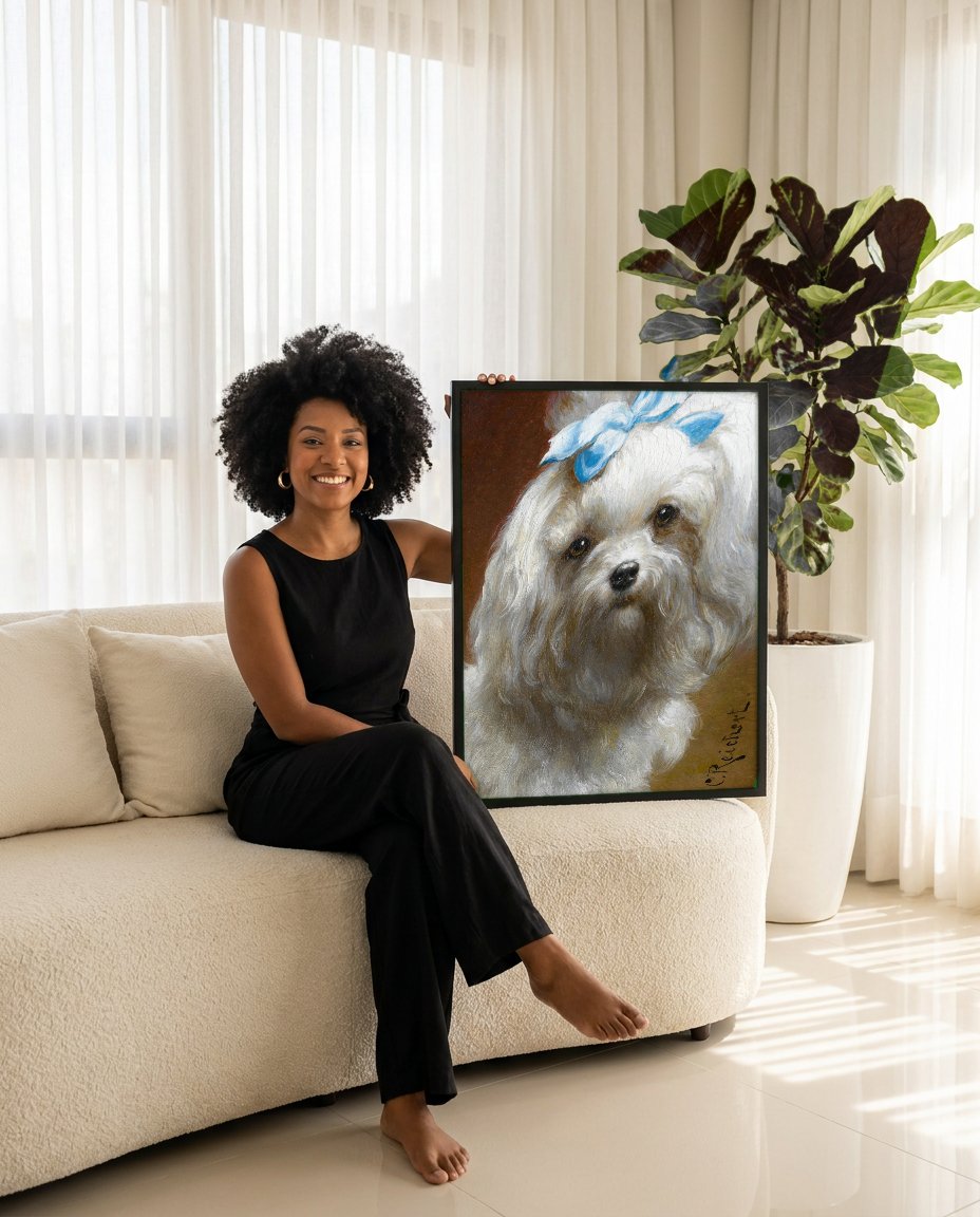Quadro Decorativo Cão Maltês com Laço Azul - Carl Reichert com modelo em ambiente