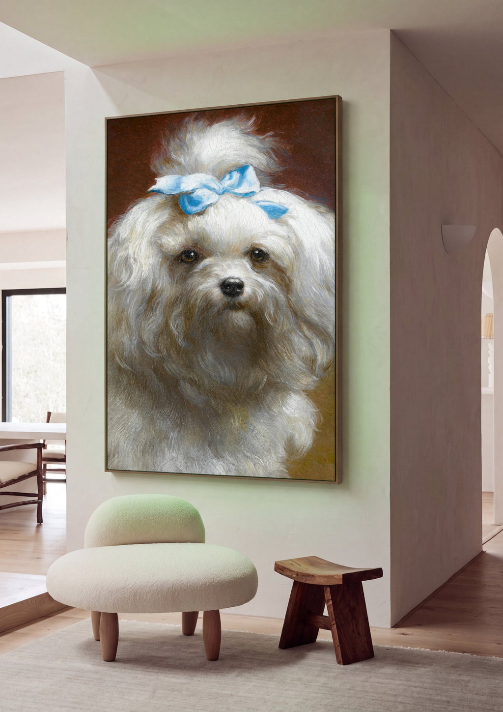 Quadro Decorativo Cão Maltês com Laço Azul - Carl Reichert em ambiente decorado