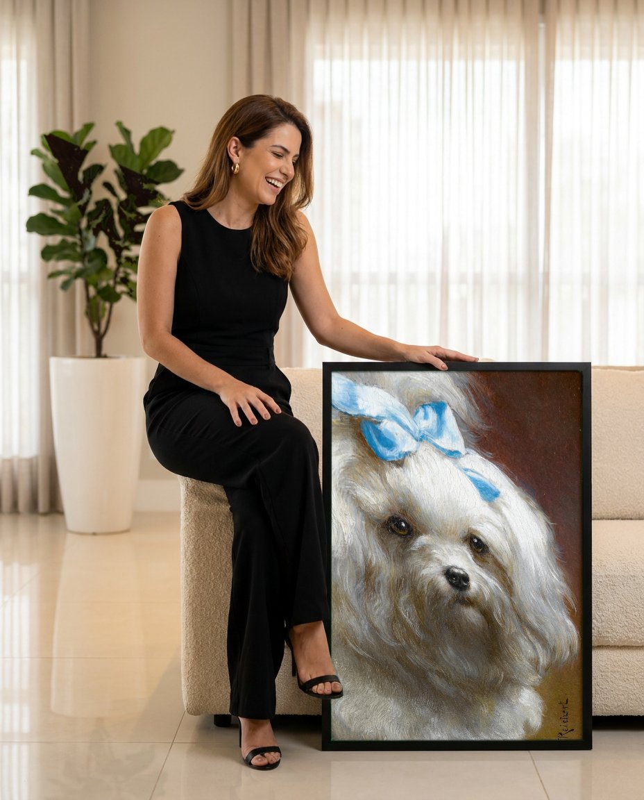 Quadro Decorativo Cão Maltês com Laço Azul - Carl Reichert com modelo em ambiente