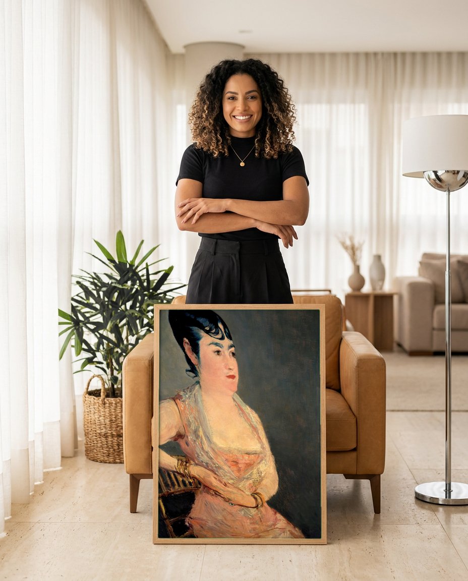 Quadro Decorativo A Senhora de Rosa e Azul - Manet com modelo em ambiente