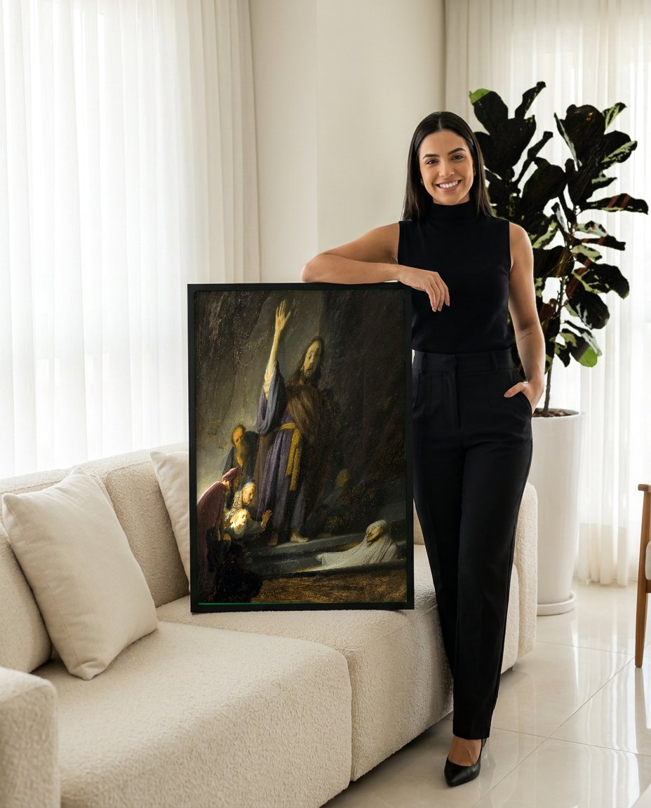 Quadro Decorativo A Ressurreição de Lázaro - Rembrandt com modelo em ambiente