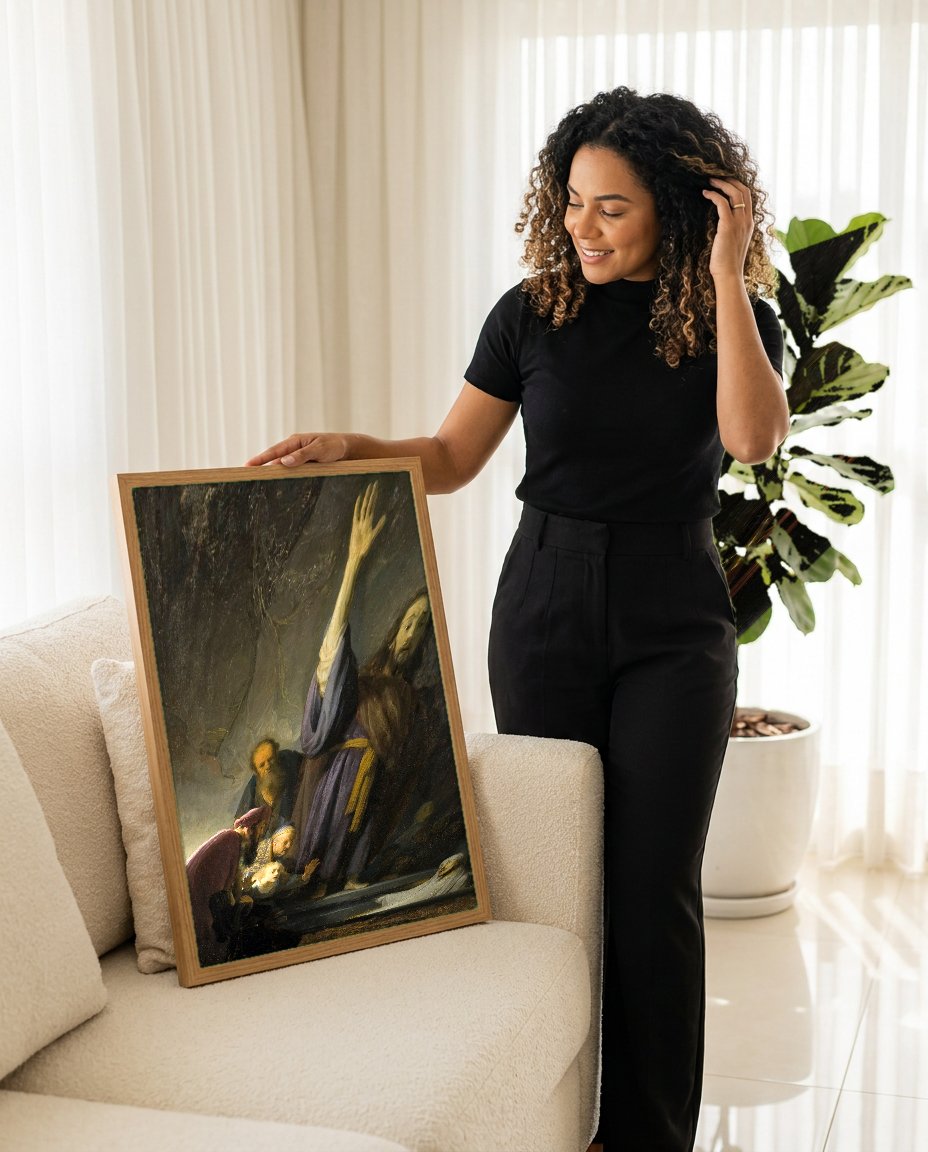 Quadro Decorativo A Ressurreição de Lázaro - Rembrandt com modelo em ambiente