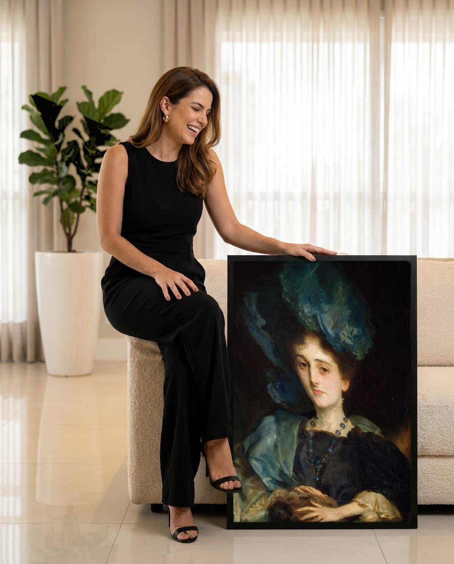 Quadro Decorativo Senhora com Chapéu Azul - John Singer Sargent com modelo em ambiente