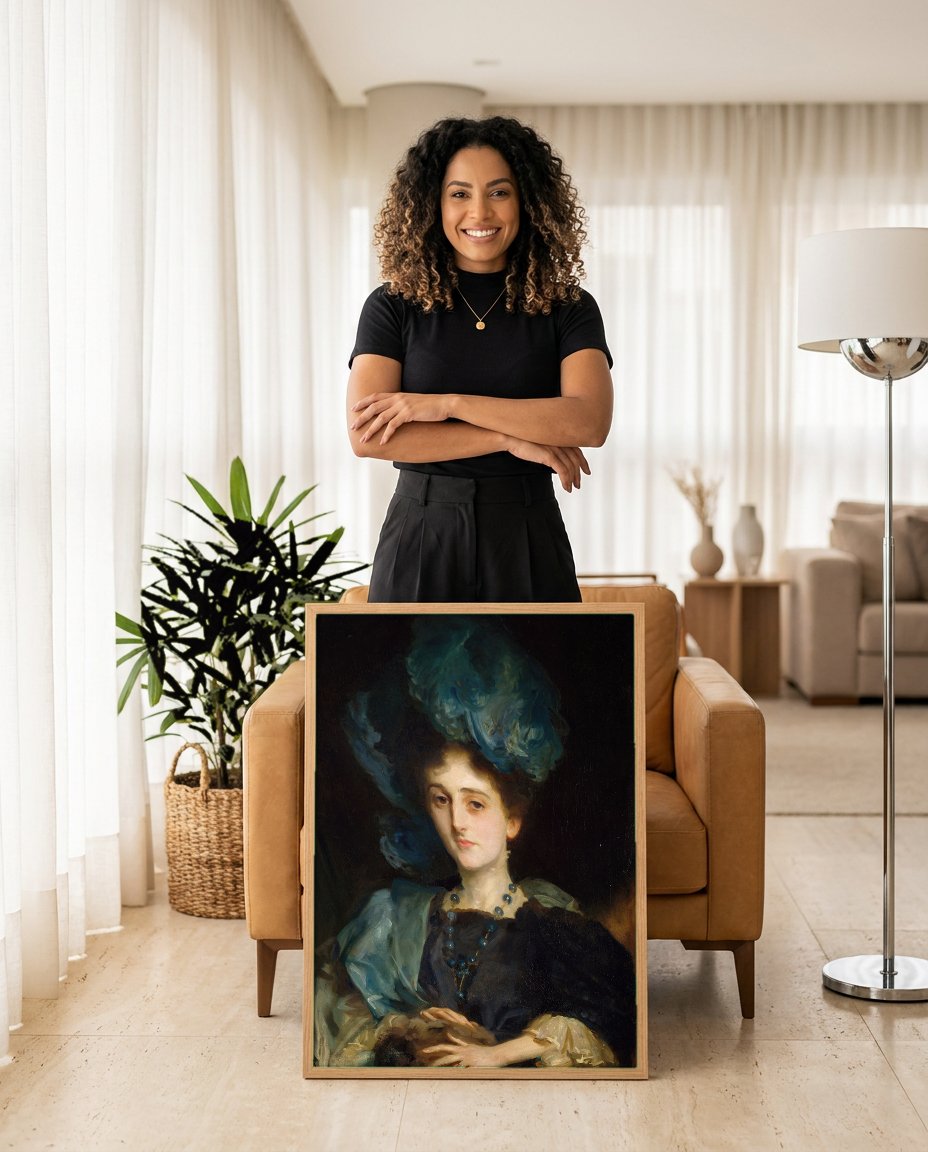 Quadro Decorativo Senhora com Chapéu Azul - John Singer Sargent com modelo em ambiente