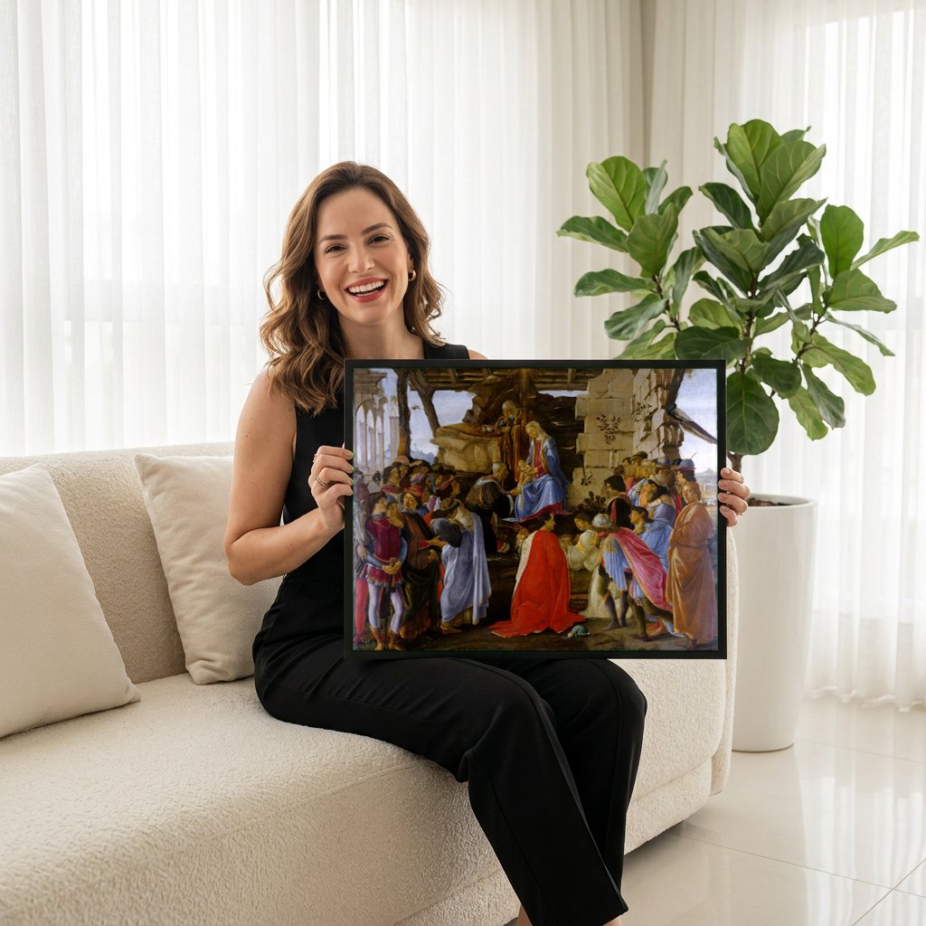 Quadro Decorativo A Adoração dos Magos - Botticelli | modelo apresentando o quadro emoldurado