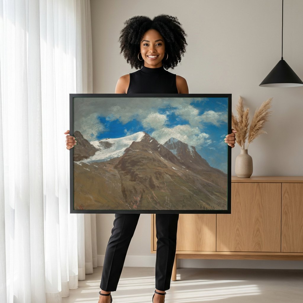 Quadro Decorativo Montanhas Rochosas - Albert Bierstadt | modelo apresentando o quadro emoldurado