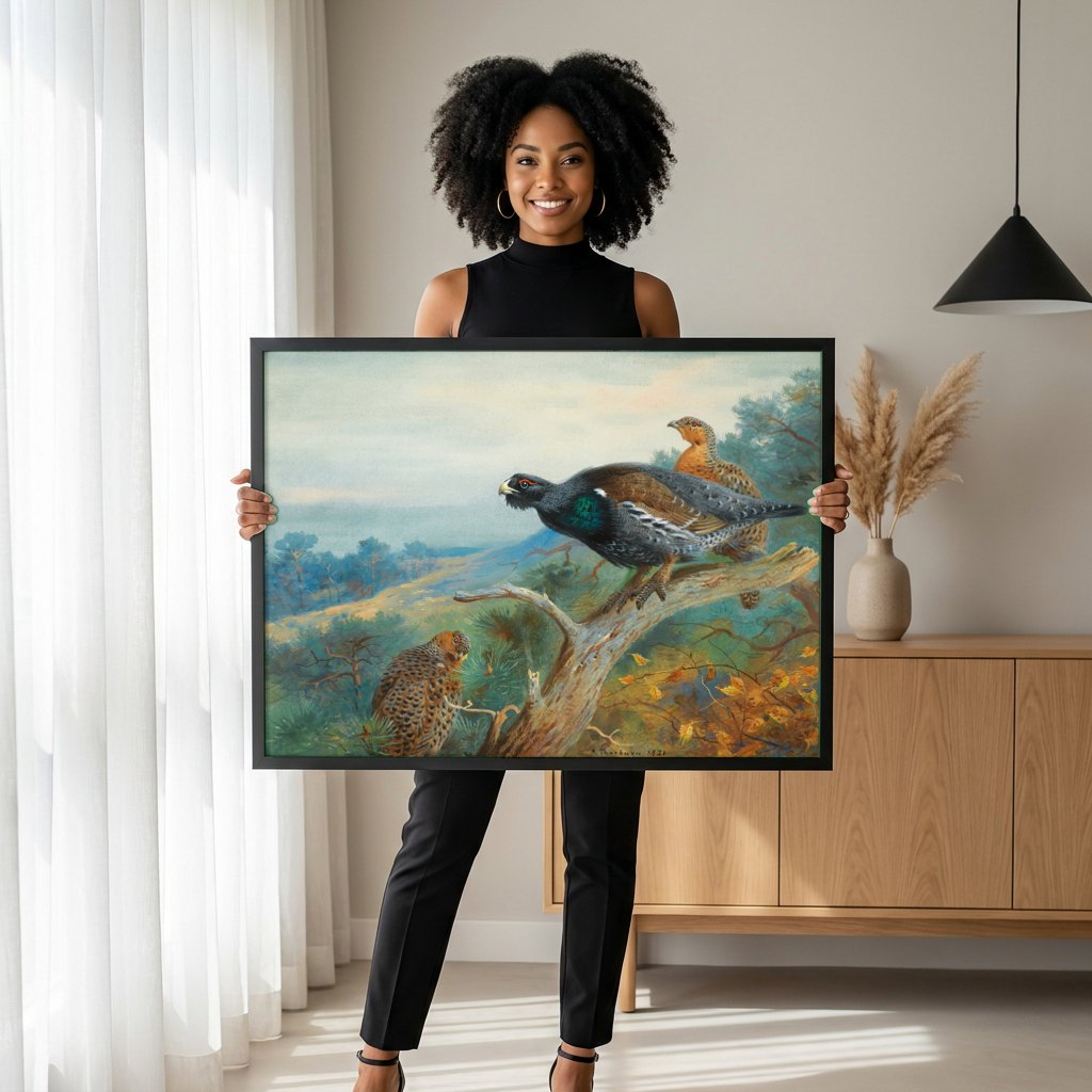 Quadro Decorativo Aves na Floresta - Thorburn | modelo apresentando o quadro emoldurado