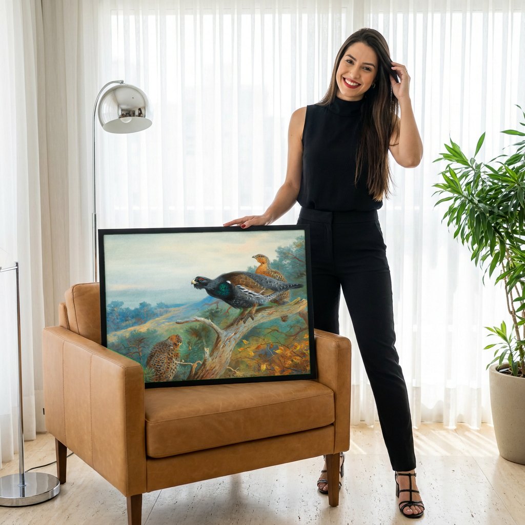 Quadro Decorativo Aves na Floresta - Thorburn | modelo apresentando o quadro emoldurado