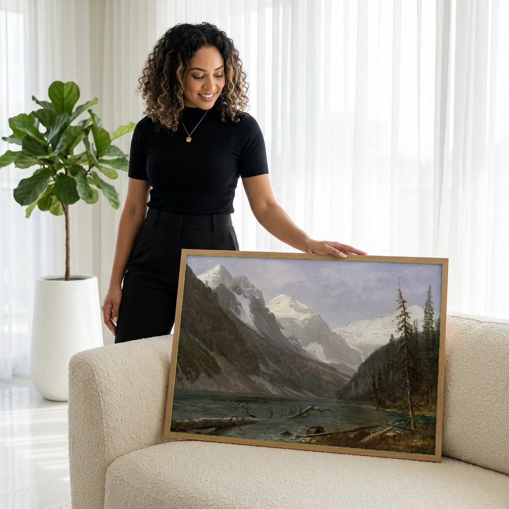 Quadro Decorativo Montanhas Rochosas - Albert Bierstadt | modelo apresentando o quadro emoldurado