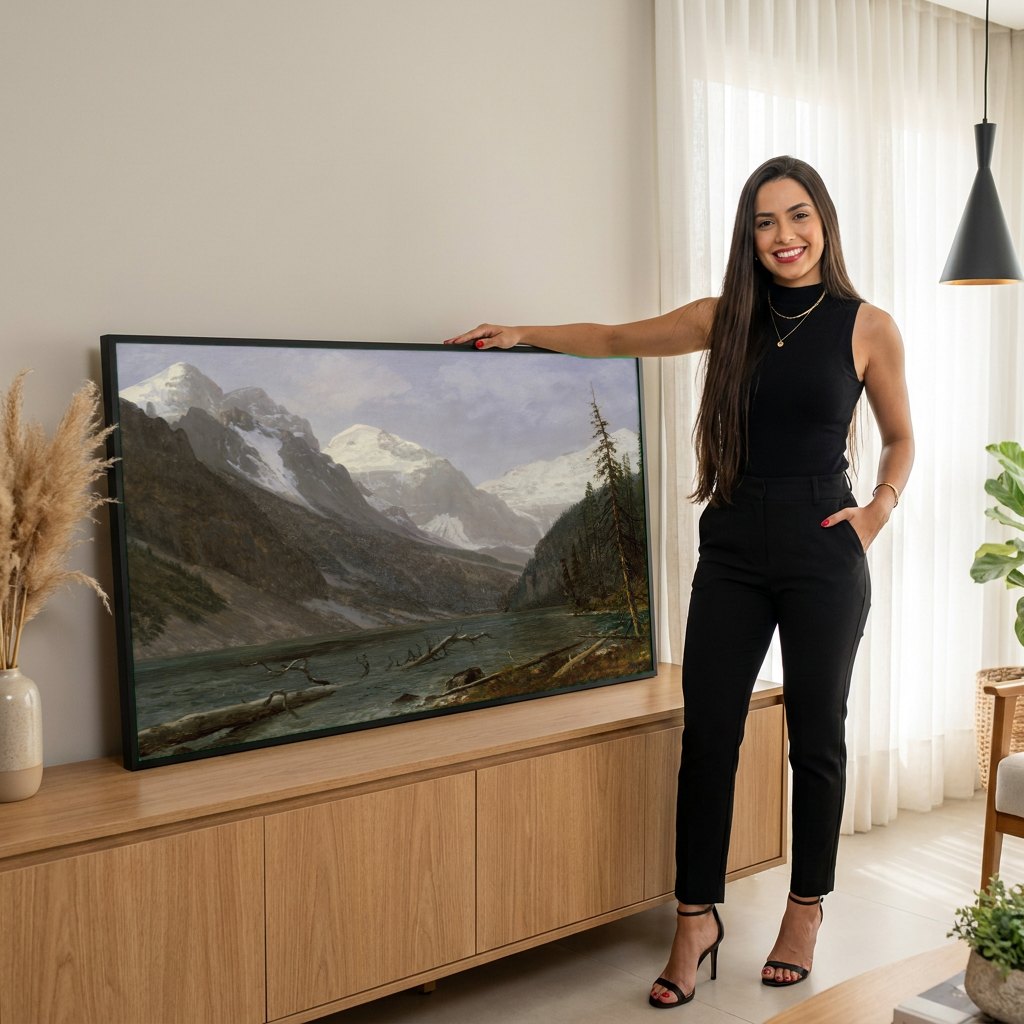 Quadro Decorativo Montanhas Rochosas - Albert Bierstadt | modelo apresentando o quadro emoldurado