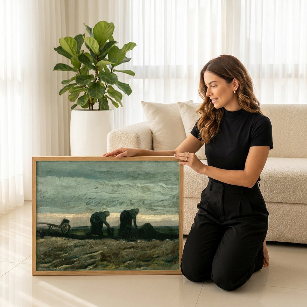 Quadro Decorativo Camponeses Plantando Batatas - Van Gogh | modelo apresentando o quadro emoldurado