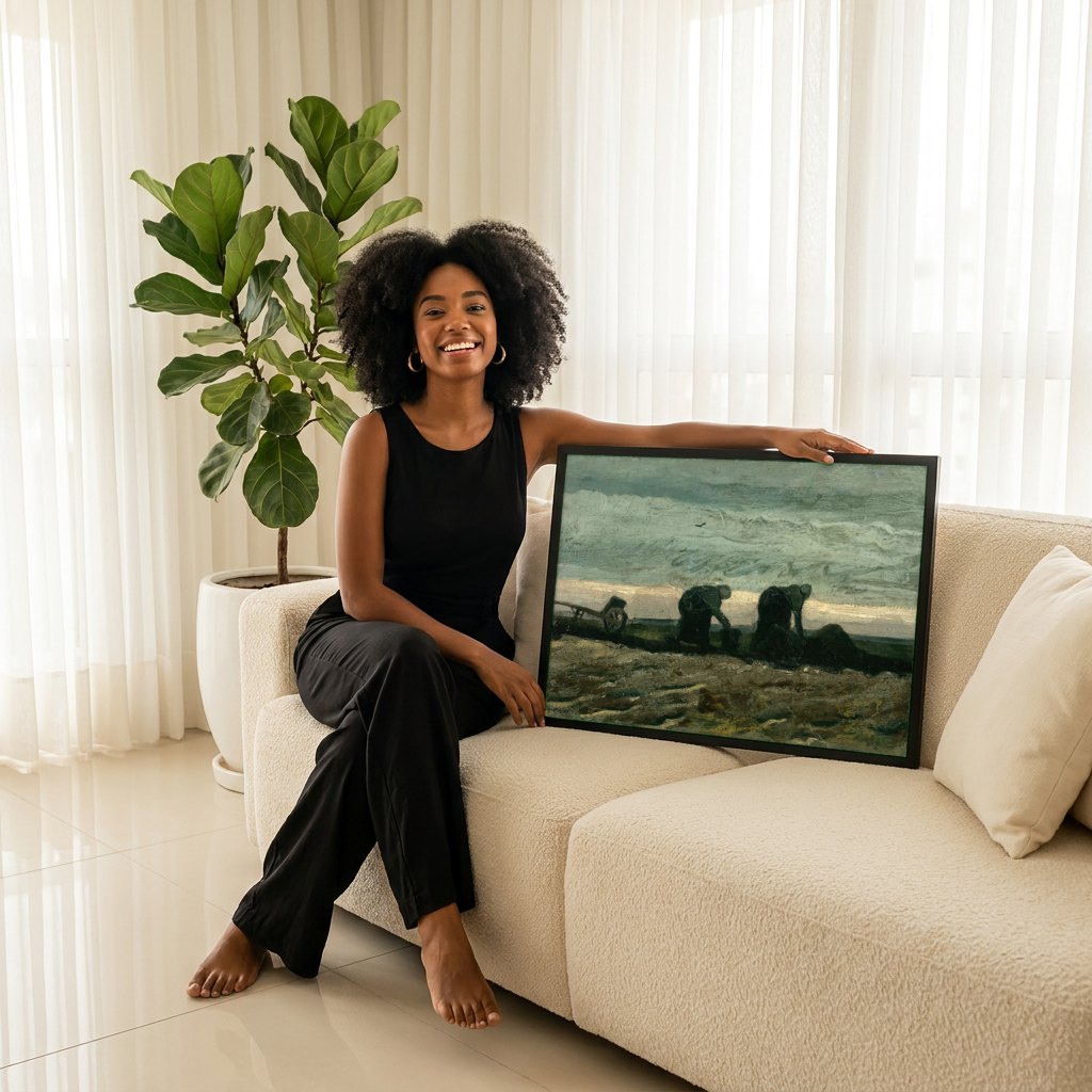 Quadro Decorativo Camponeses Plantando Batatas - Van Gogh | modelo apresentando o quadro emoldurado