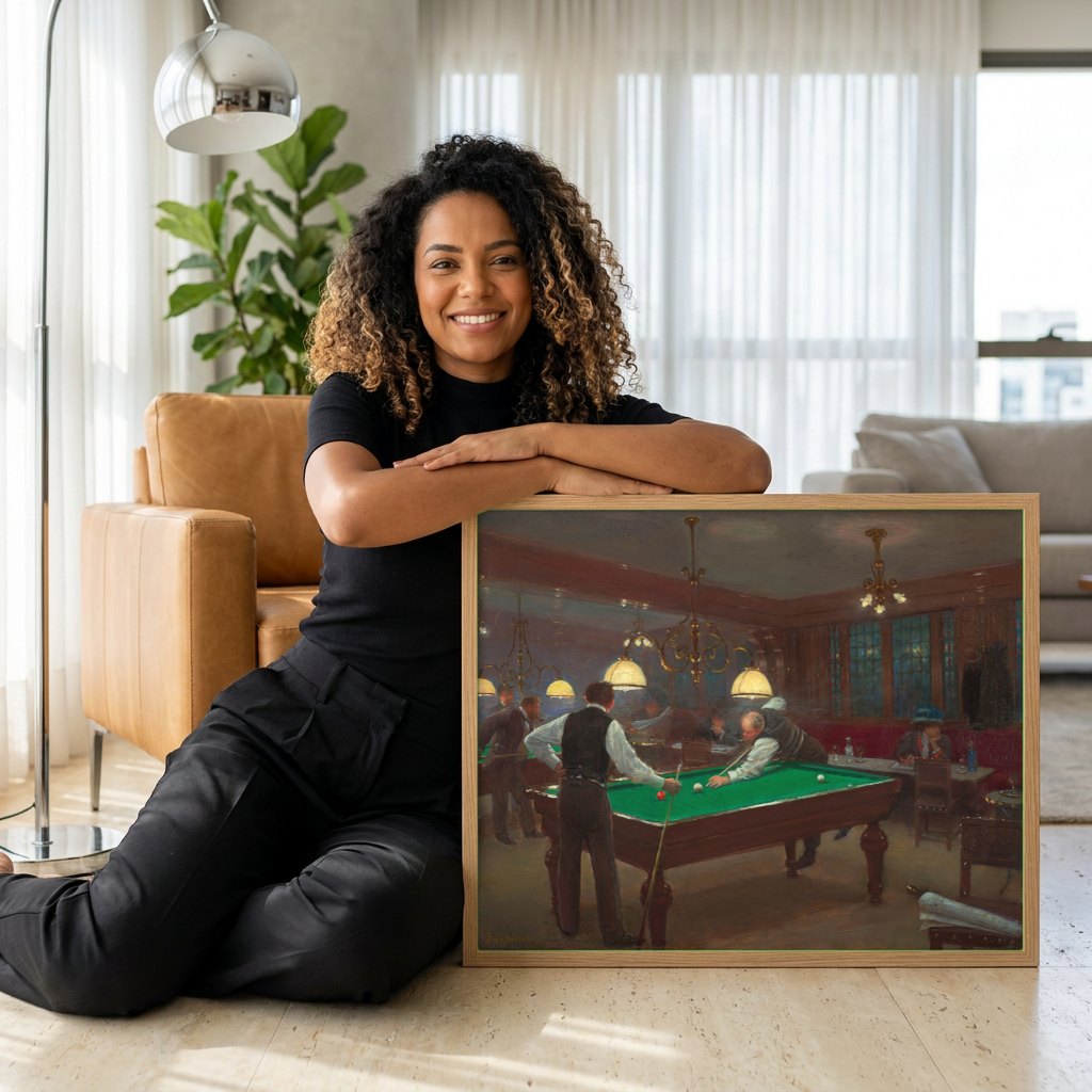 Quadro Decorativo 'Noite no Bilhar' - Jean Béraud | modelo apresentando o quadro emoldurado