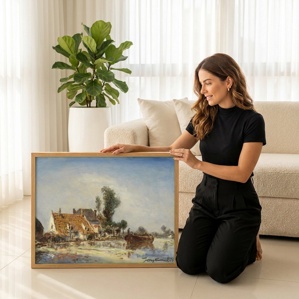 Quadro Decorativo Paisagem com Casas e Barco - Jongkind | modelo apresentando o quadro emoldurado