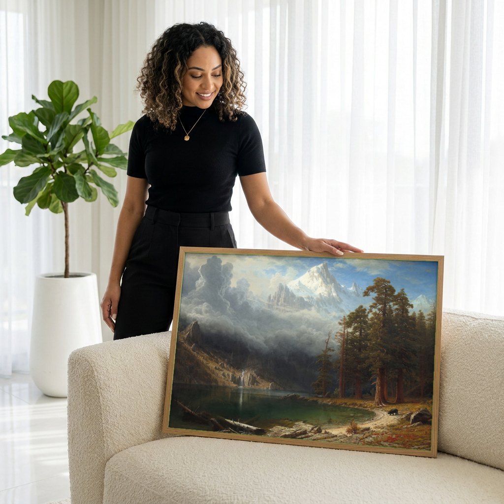 Quadro Decorativo Montanhas Rochosas - Albert Bierstadt | modelo apresentando o quadro emoldurado