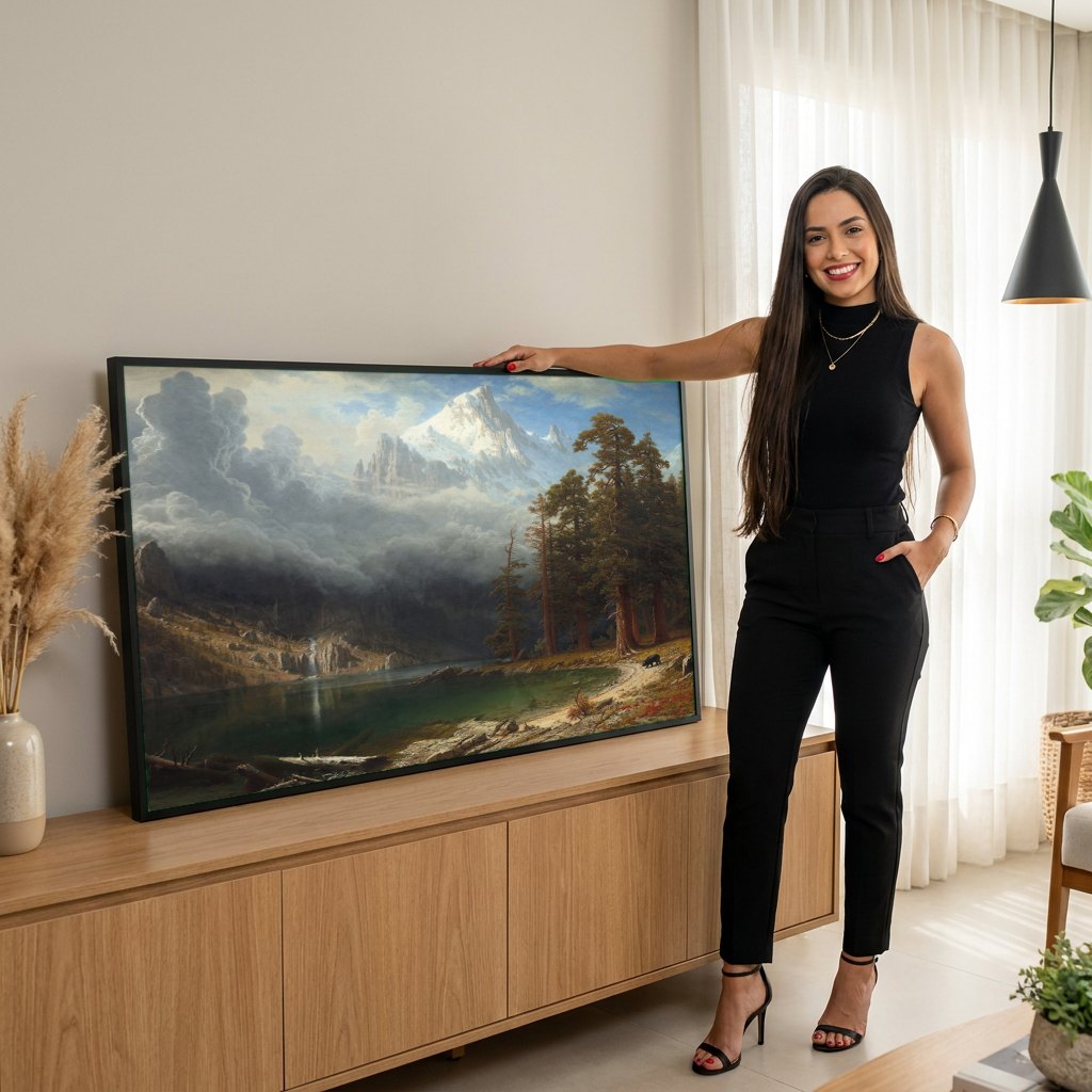 Quadro Decorativo Montanhas Rochosas - Albert Bierstadt | modelo apresentando o quadro emoldurado