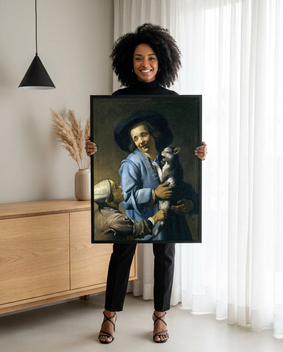 Quadro Decorativo A Oferta do Cabrito - Abraham Bloemaert | modelo apresentando o quadro emoldurado