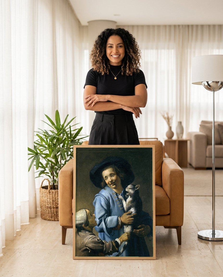 Quadro Decorativo A Oferta do Cabrito - Abraham Bloemaert | modelo apresentando o quadro emoldurado