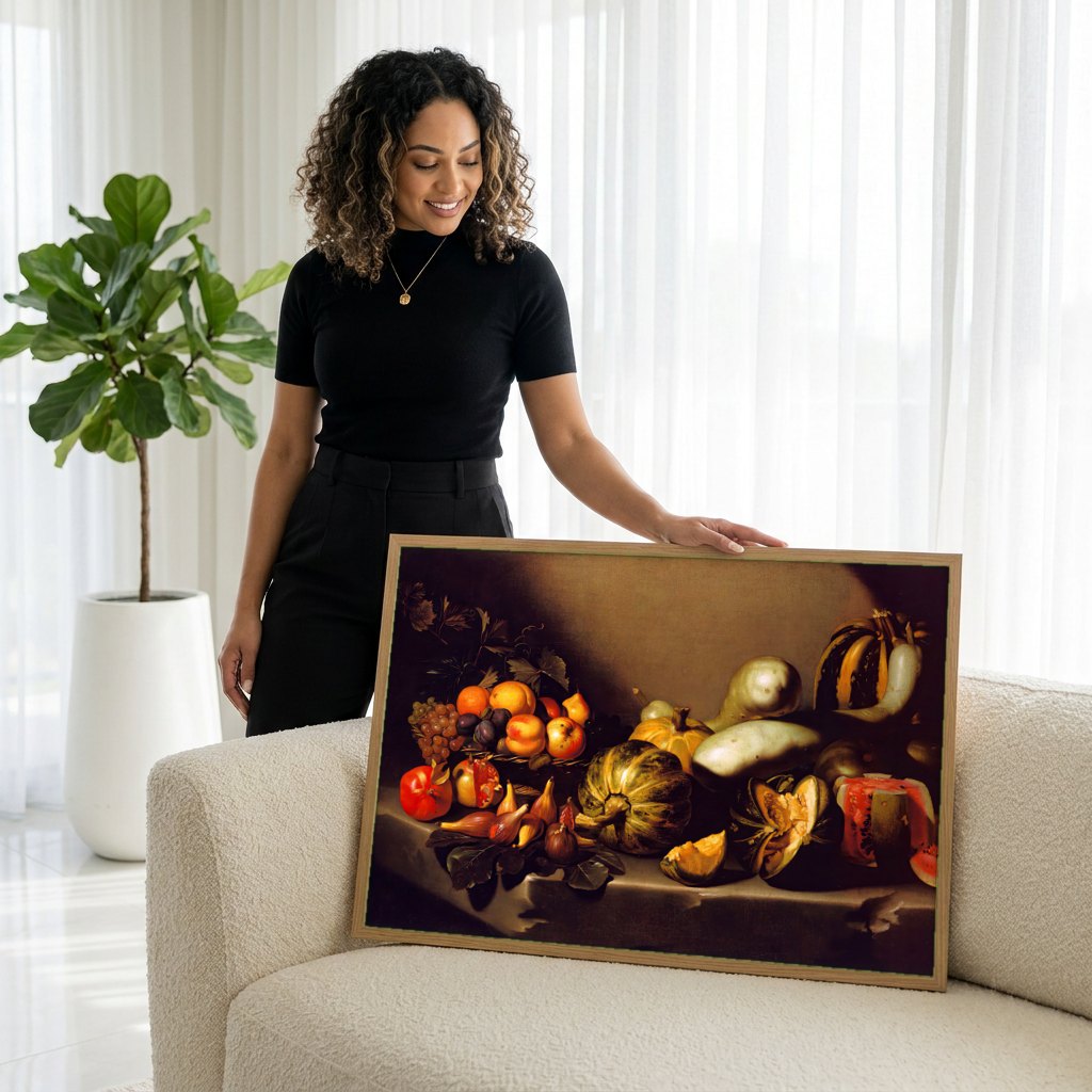 Quadro Decorativo Cesta de Frutas e Abóboras - Caravaggio | modelo apresentando o quadro emoldurado
