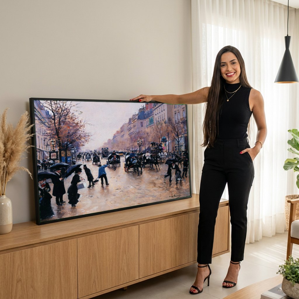 Quadro Decorativo Paris Sob Chuva - Jean Béraud | modelo apresentando o quadro emoldurado