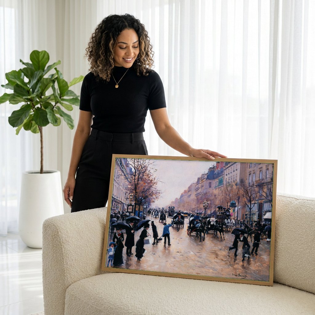 Quadro Decorativo Paris Sob Chuva - Jean Béraud | modelo apresentando o quadro emoldurado