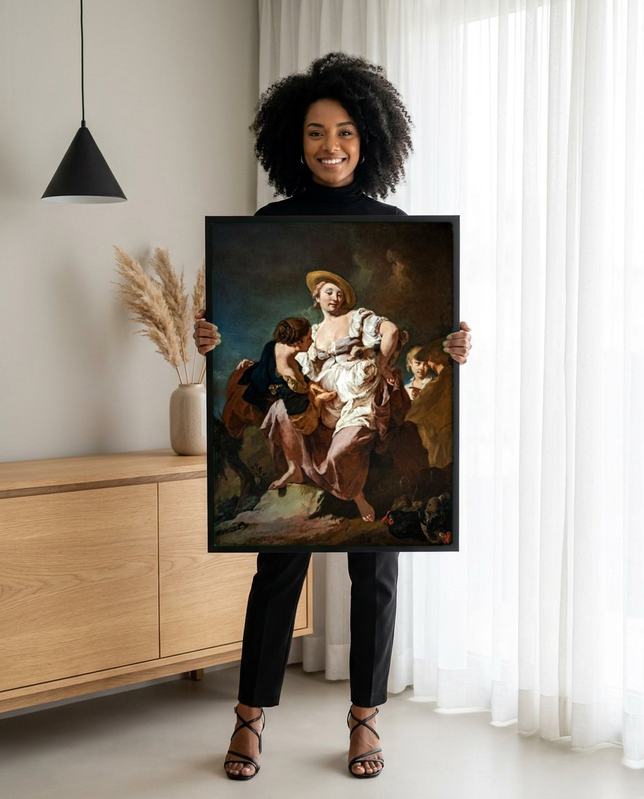 Quadro Decorativo A Camponesa - Giovanni Battista Piazzetta | modelo apresentando o quadro emoldurado