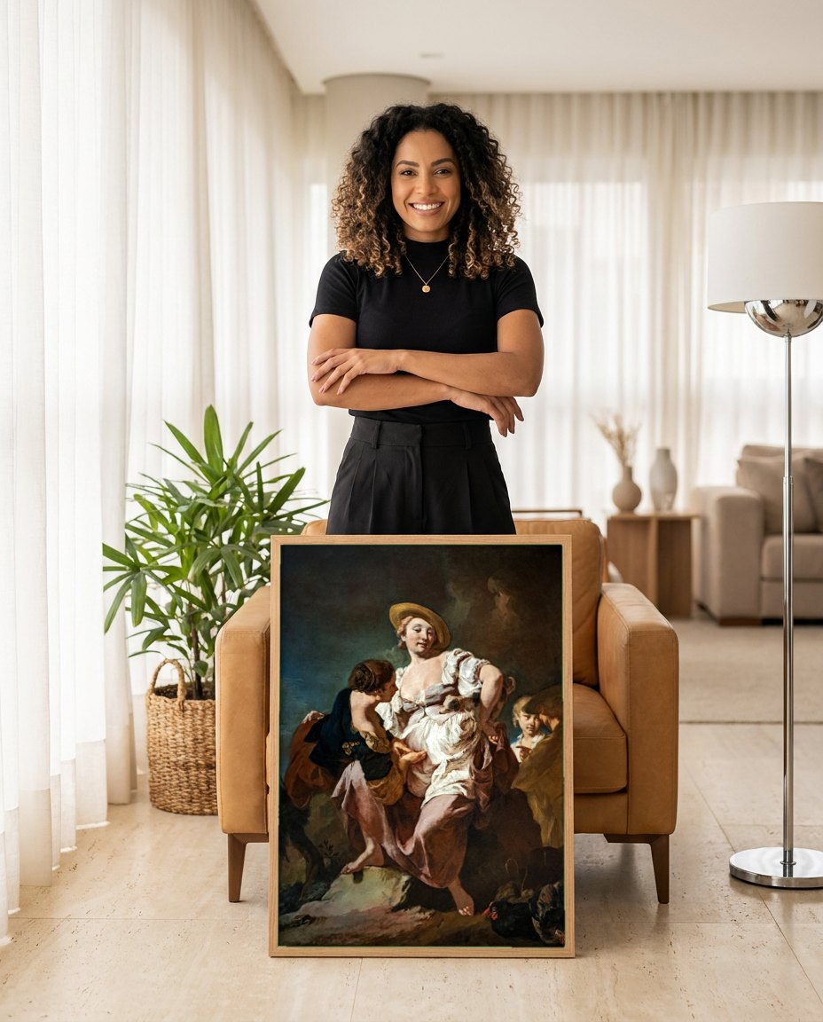 Quadro Decorativo A Camponesa - Giovanni Battista Piazzetta | modelo apresentando o quadro emoldurado