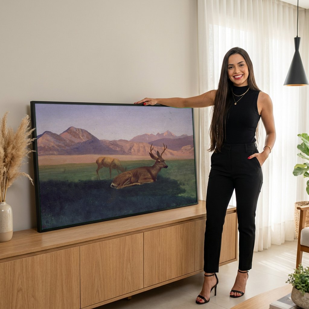 Quadro Decorativo Cervos na Montanha - Albert Bierstadt | modelo apresentando o quadro emoldurado