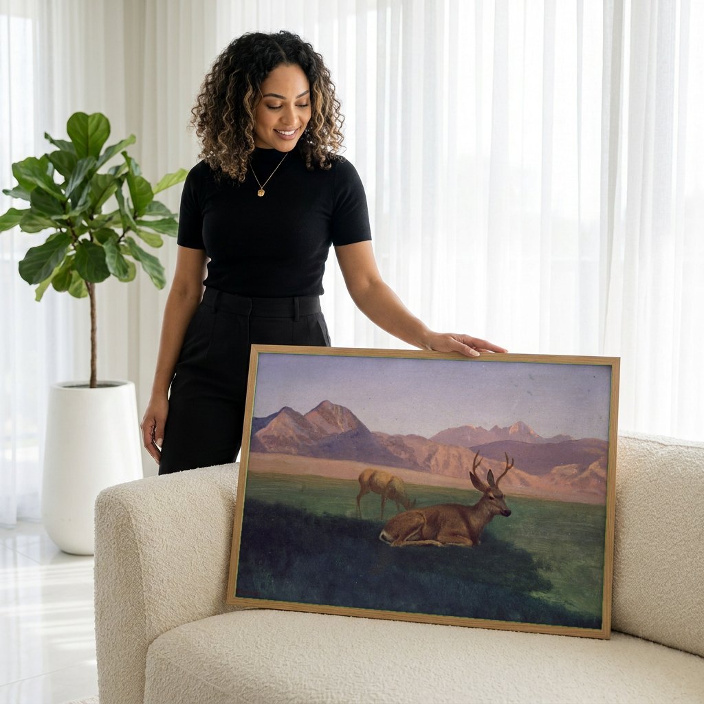 Quadro Decorativo Cervos na Montanha - Albert Bierstadt | modelo apresentando o quadro emoldurado