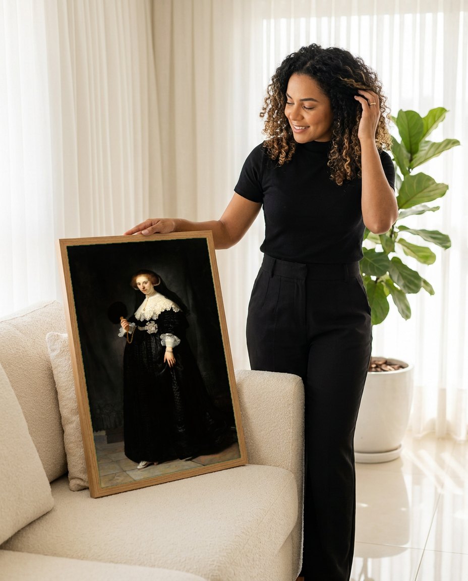 Quadro Decorativo Retrato de Mulher - Rembrandt | modelo apresentando o quadro emoldurado