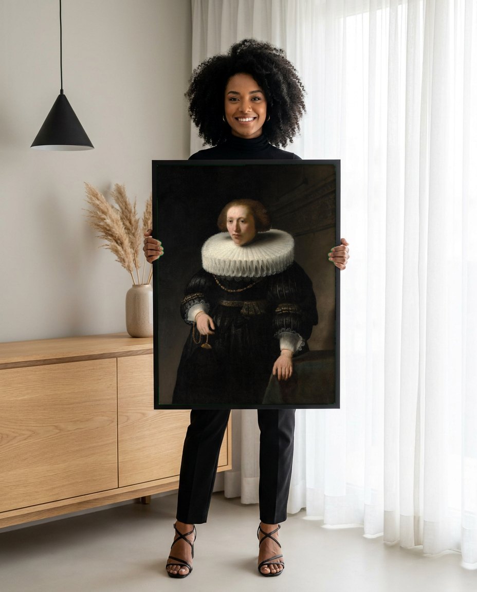 Quadro Decorativo Retrato de Mulher - Rembrandt | modelo apresentando o quadro emoldurado
