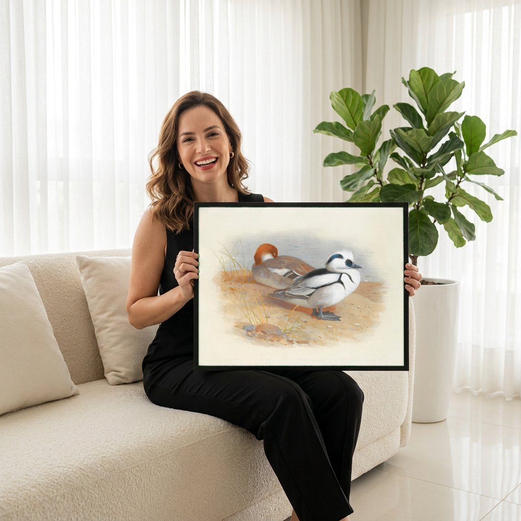 Quadro Decorativo Patos Merganser - Archibald Thorburn | modelo apresentando o quadro emoldurado
