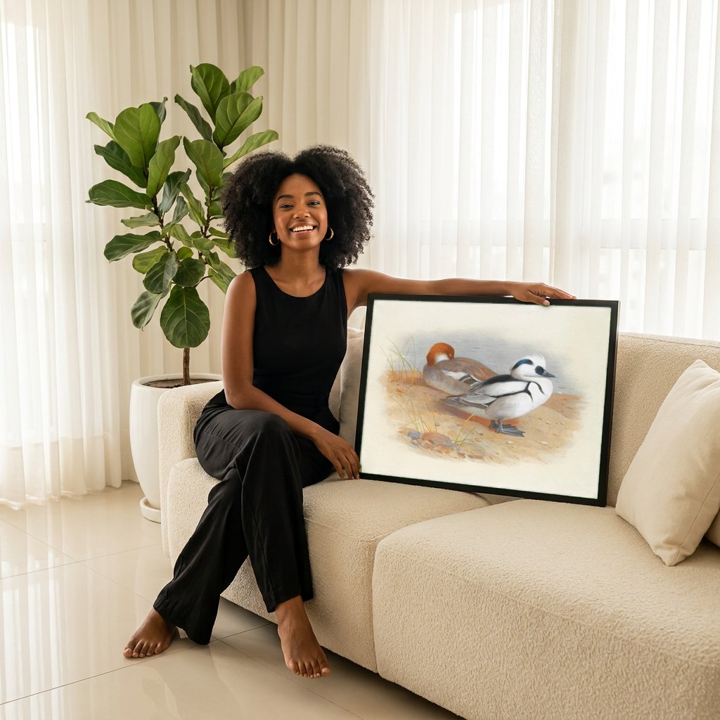 Quadro Decorativo Patos Merganser - Archibald Thorburn | modelo apresentando o quadro emoldurado