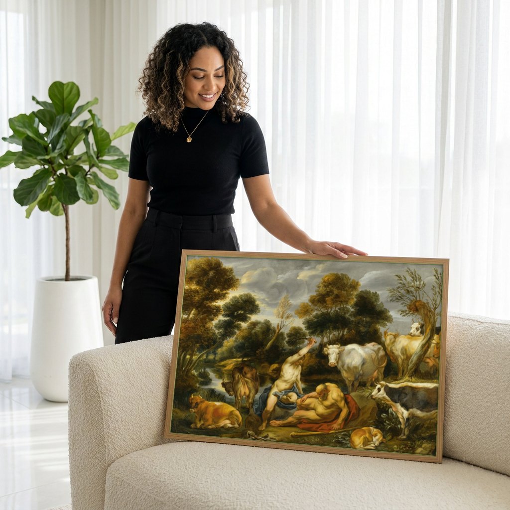 Quadro Decorativo Mercúrio e Argos - Jacob Jordaens | modelo apresentando o quadro emoldurado