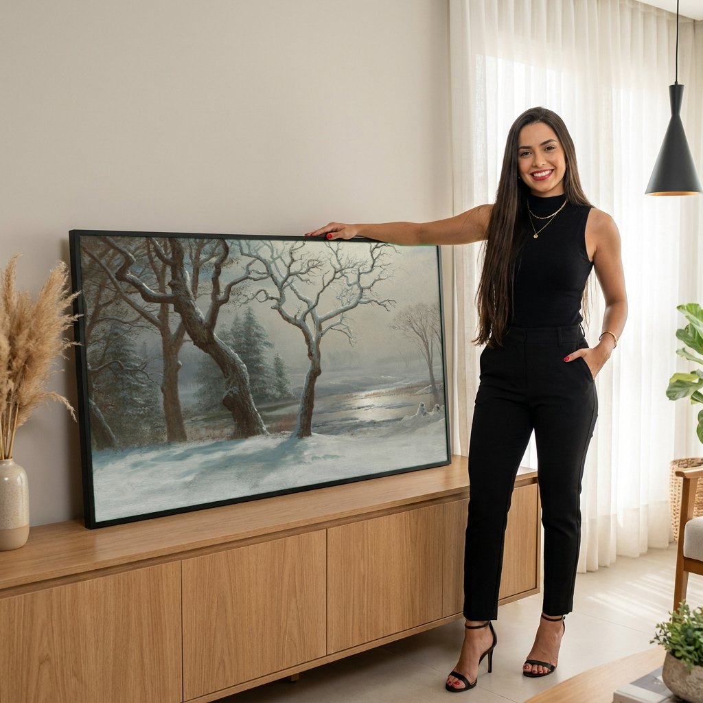 Quadro Decorativo Inverno Neve e Sol - Albert Bierstadt | modelo apresentando o quadro emoldurado