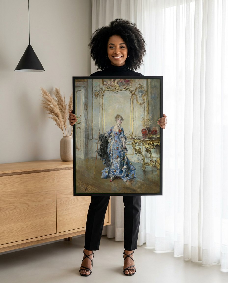 Quadro Decorativo A Dama Azul - Giovanni Boldini | modelo apresentando o quadro emoldurado