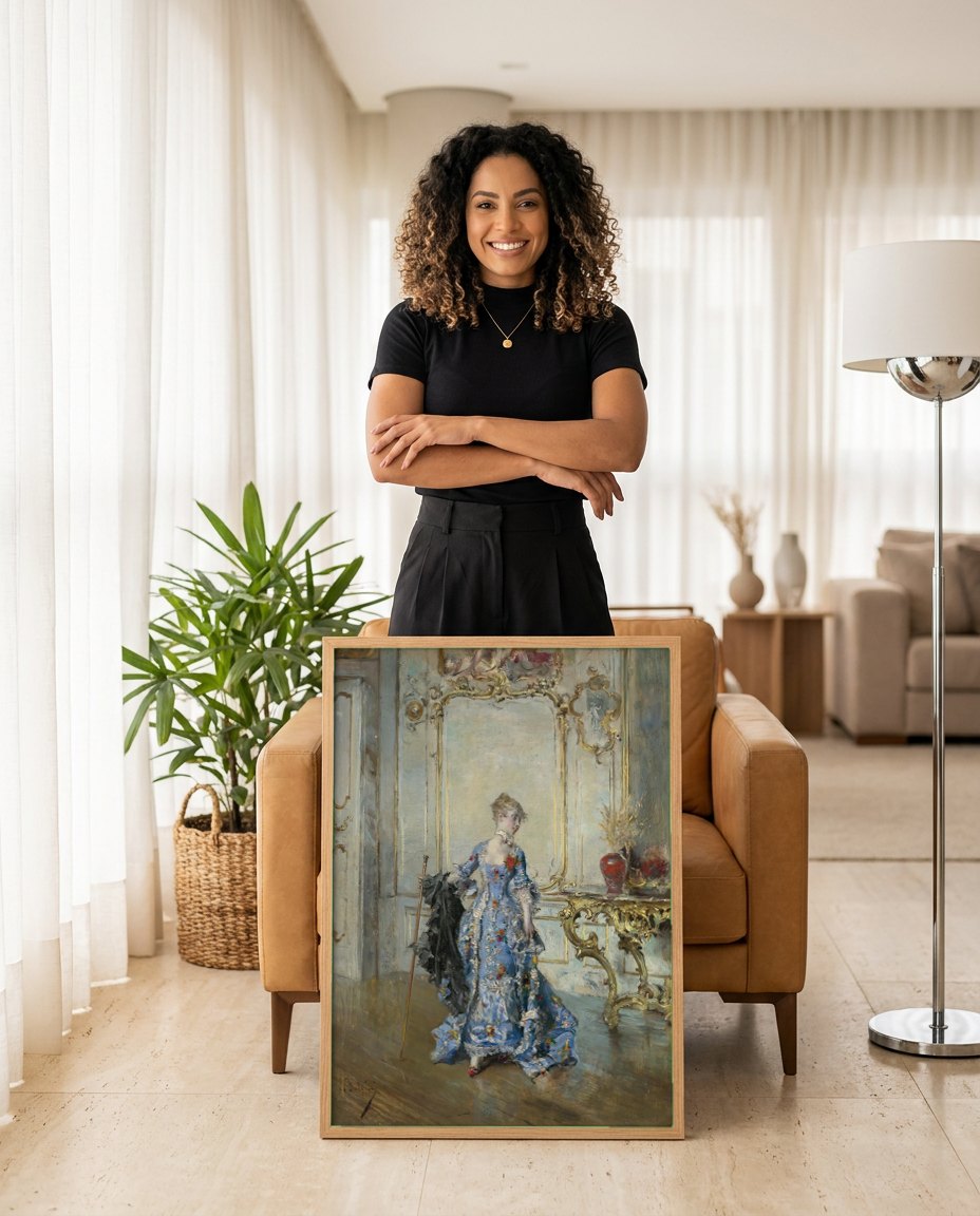 Quadro Decorativo A Dama Azul - Giovanni Boldini | modelo apresentando o quadro emoldurado