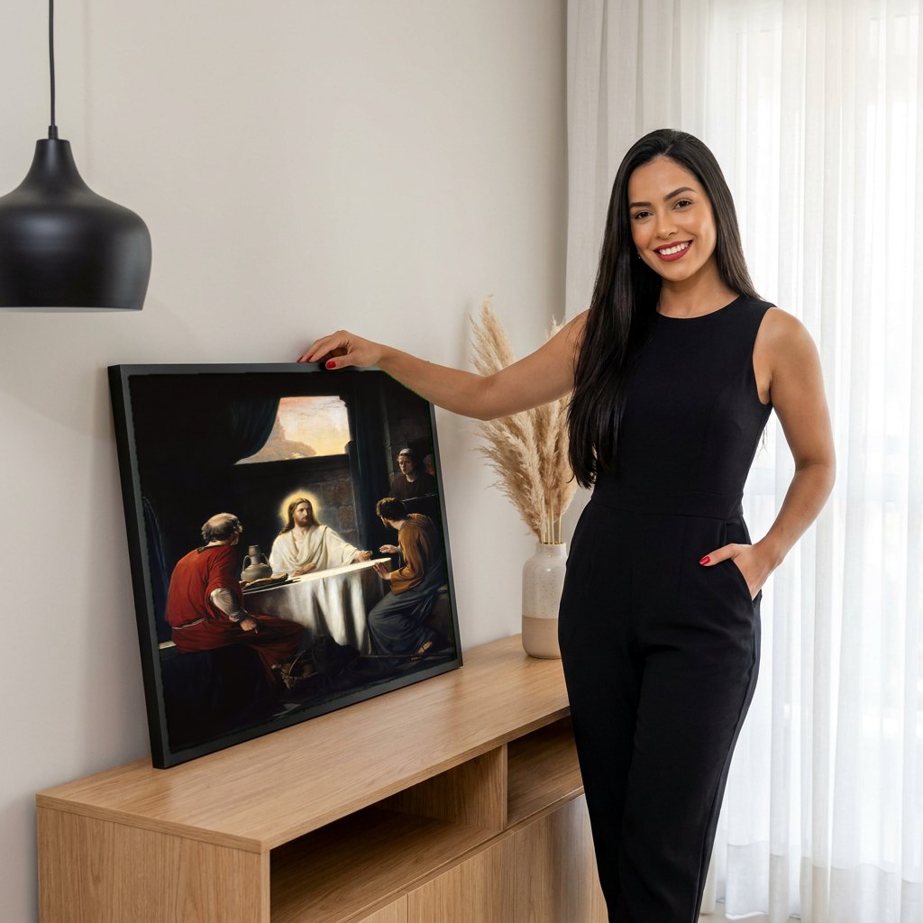 Quadro Decorativo A Ceia em Emaús - Carl Bloch | modelo apresentando o quadro emoldurado