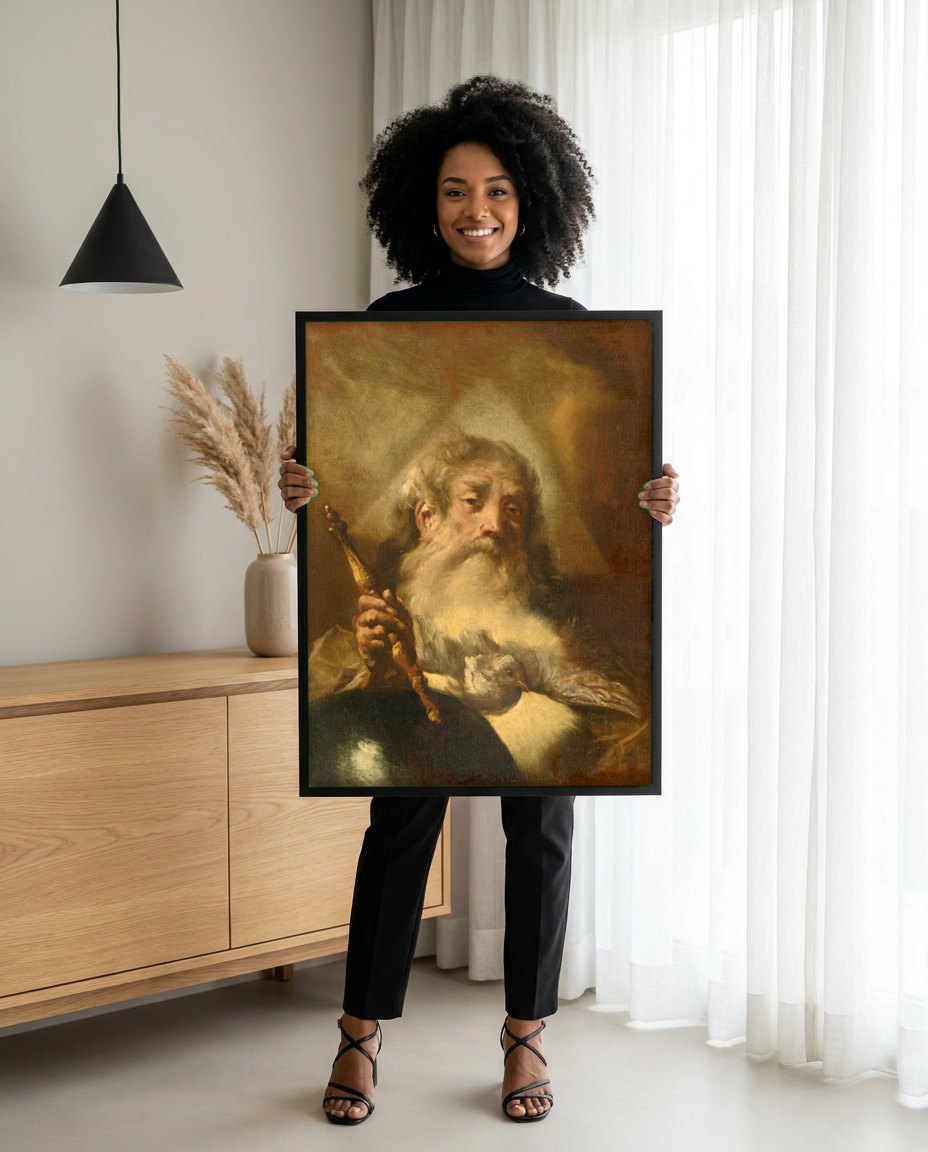 Quadro Decorativo Homem Barbudo com Pomba - Piazzetta | modelo apresentando o quadro emoldurado