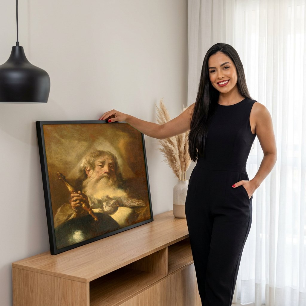 Quadro Decorativo Homem Barbudo com Pomba - Piazzetta | modelo apresentando o quadro emoldurado