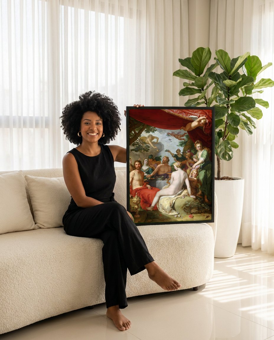 Quadro Decorativo Banquete dos Deuses - Abraham Bloemaert | modelo apresentando o quadro emoldurado