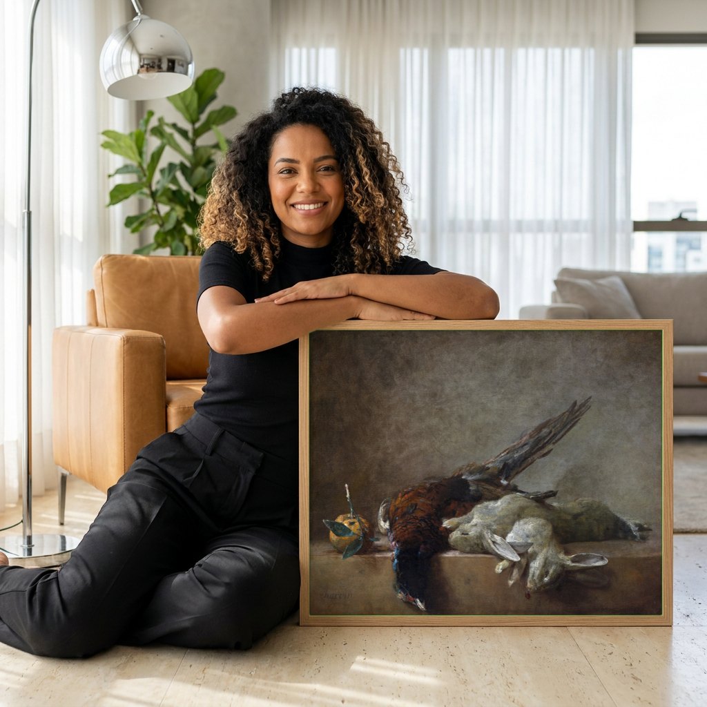 Quadro Decorativo Natureza-Morta com Lebre e Faisão - Chardin | modelo apresentando o quadro emoldurado