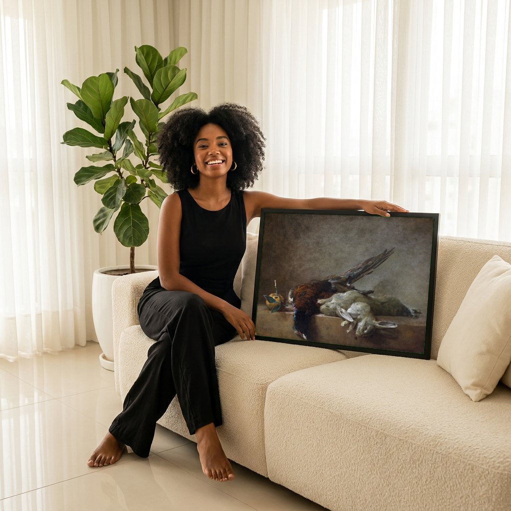 Quadro Decorativo Natureza-Morta com Lebre e Faisão - Chardin | modelo apresentando o quadro emoldurado