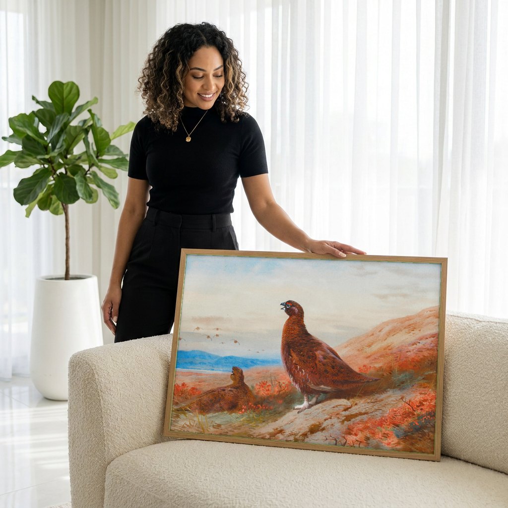 Quadro Decorativo Aves da Charneca - Thorburn | modelo apresentando o quadro emoldurado