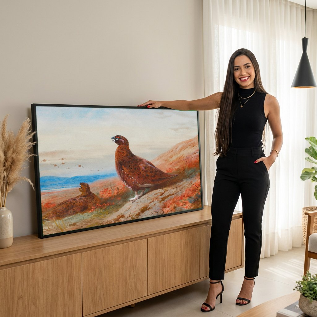 Quadro Decorativo Aves da Charneca - Thorburn | modelo apresentando o quadro emoldurado